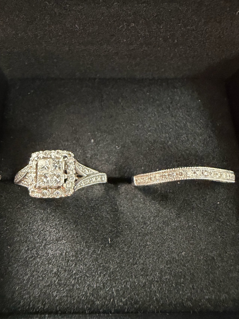 Silver-Tone Diamond Halo Engagement Ring and Matching Band